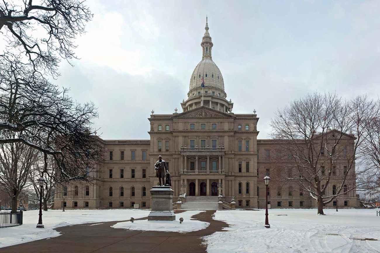 snow outside the Michigan Capitol