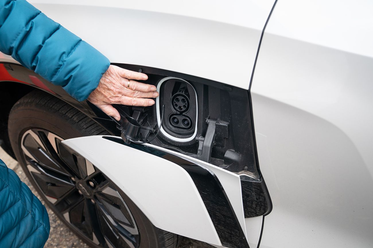 EV charge port on a white car